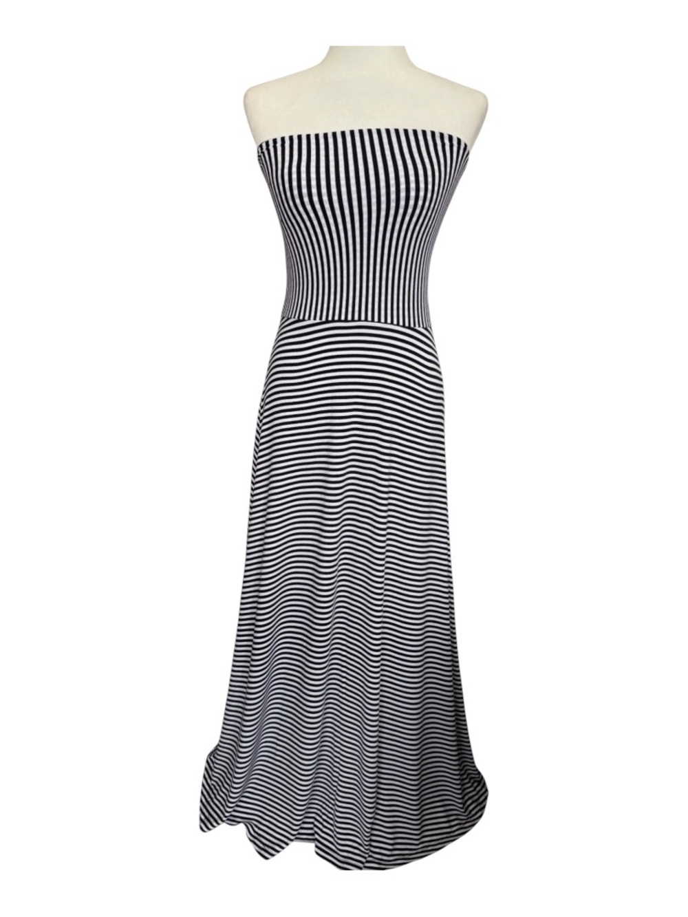Gap XS Navy Blue White Striped Strapless Maxi Dress Stretch Flowy Resort Beach - Picture 2 of 9